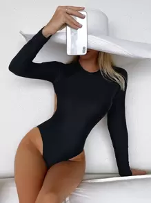 Swim SPRTY Summer Beach Plain High Neck One Piece Swimsuit - Black - View 1