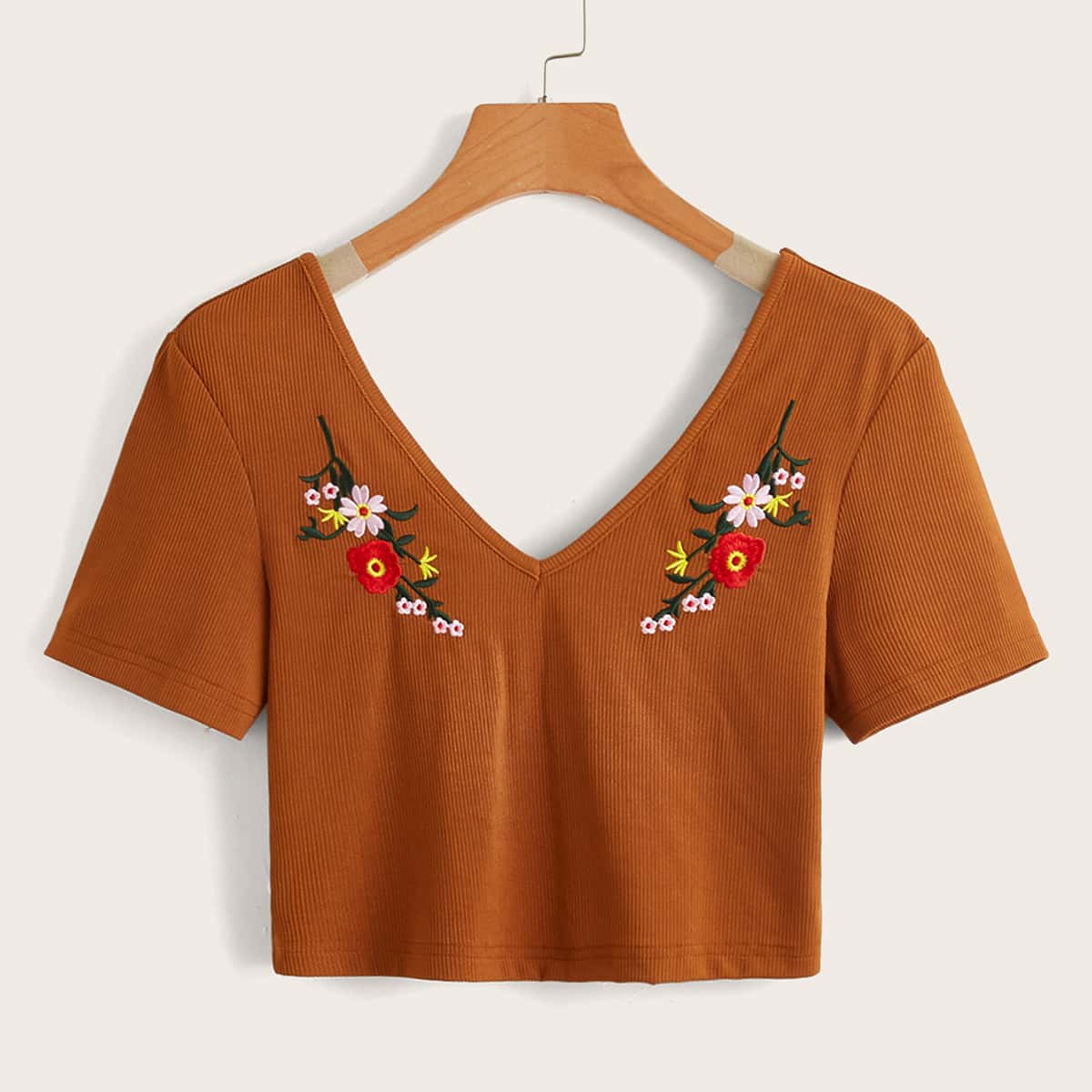 

Floral Embroidery Ribbed Crop Tee, Brown