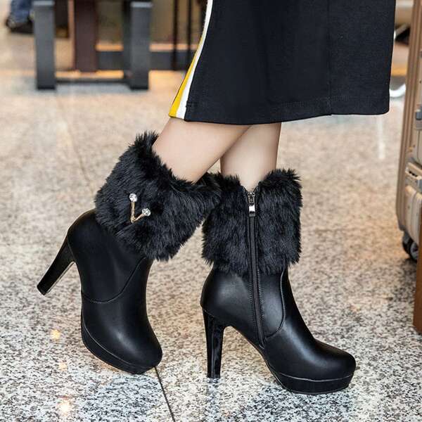 

Rhinestone Decor Chunky Heeled Boots, Black