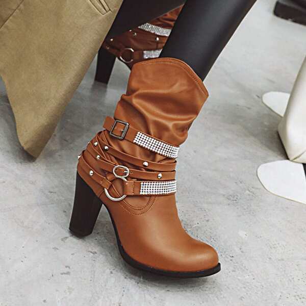

Rhinestone & Buckle Decor Chunky Heeled Boots, Brown