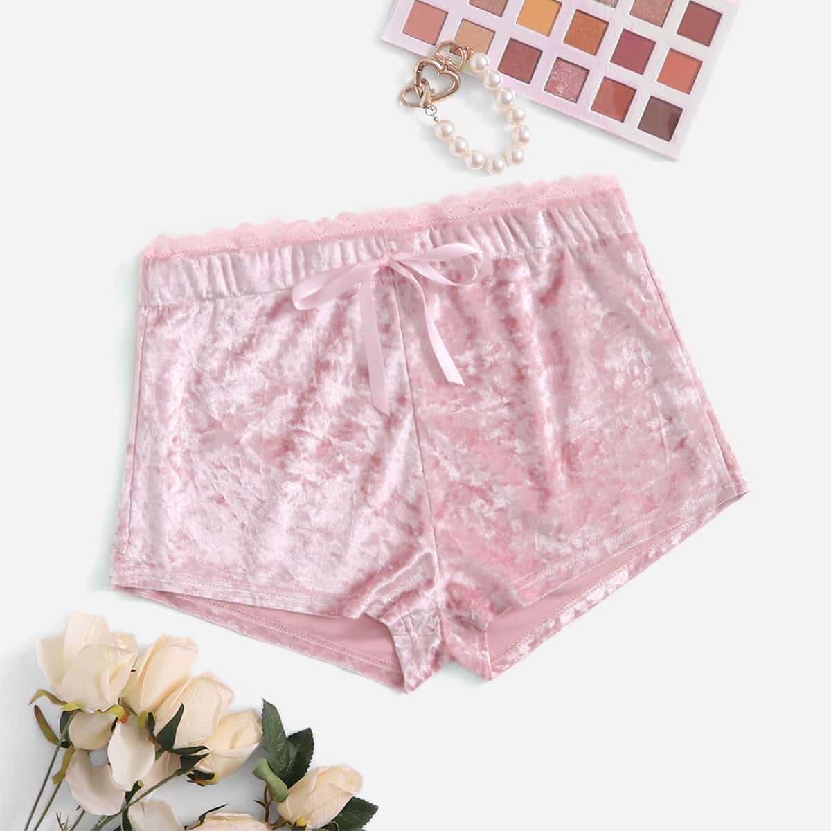 

Contrast Lace Tie Front Velvet Sleep Shorts, Baby pink