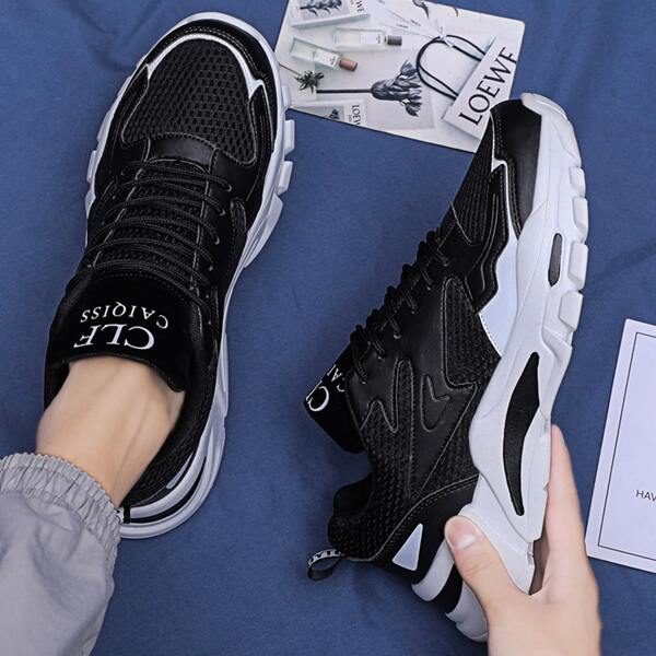 

Letter Graphic Lace-up Front Chunky Sneakers, Black