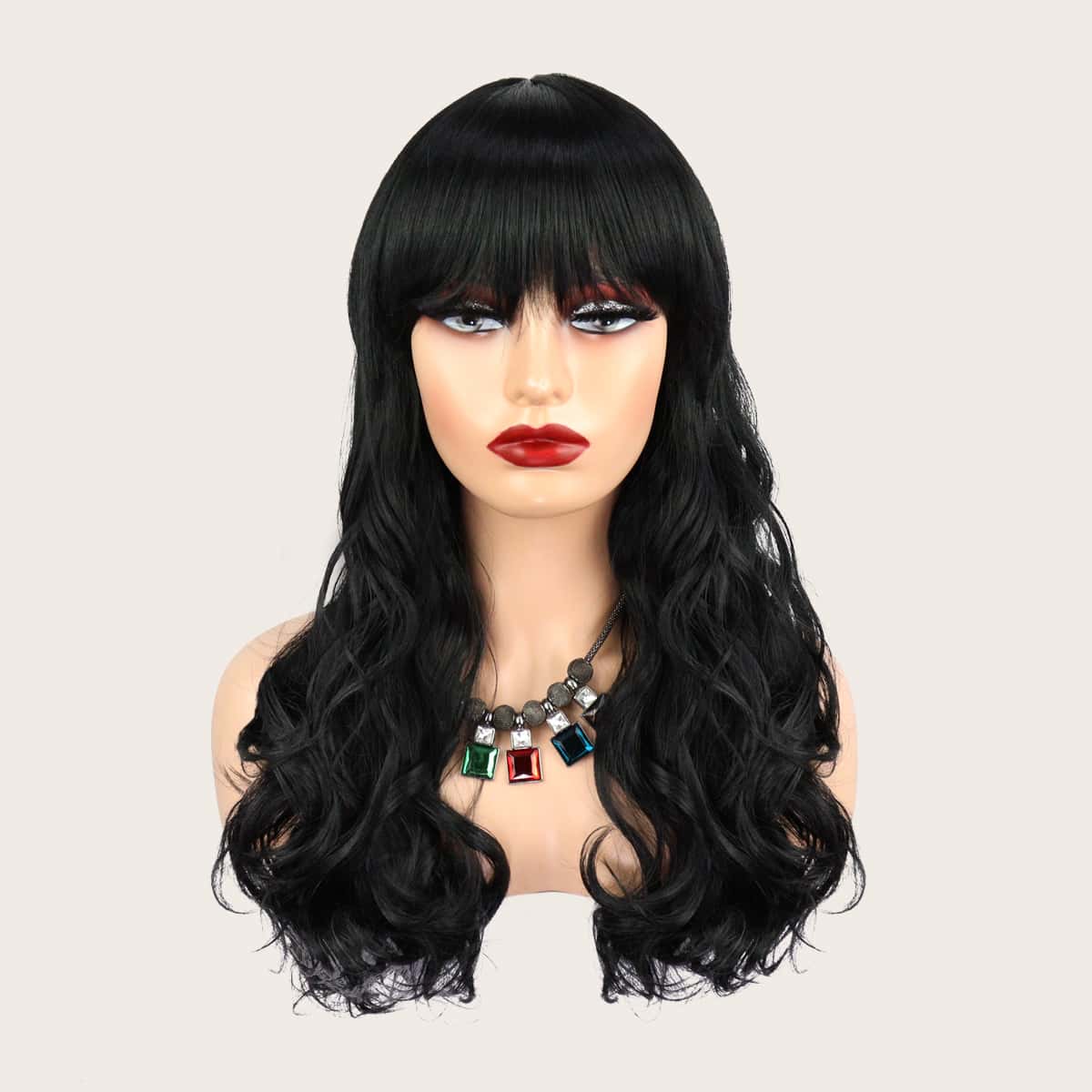 

Natural Long Curly Wig With Bangs, Black