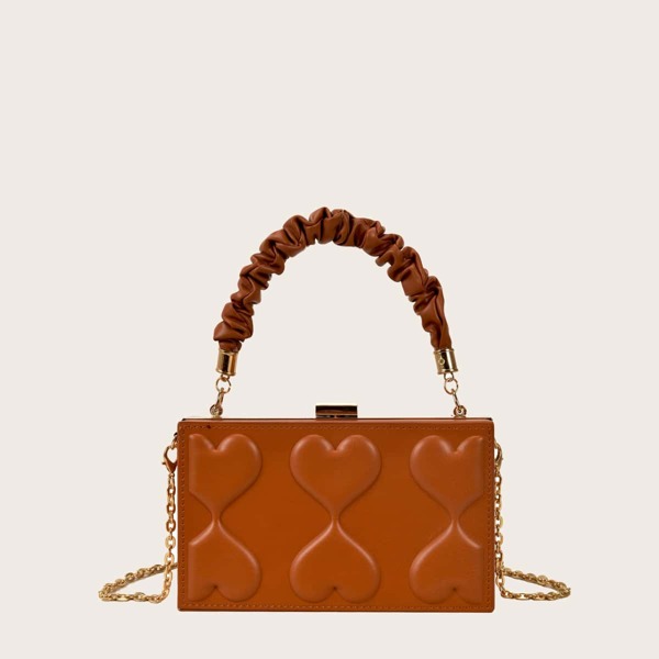 

Minimalist Heart Embossed Ruched Design Chain Satchel Bag, Brown