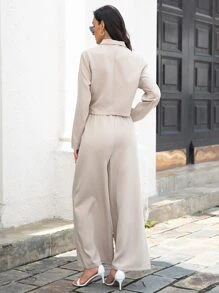 Double Breasted Crop Blazer & Wide Leg Trousers - Khaki - View 2
