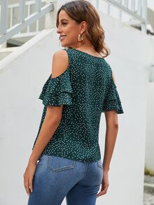 SHEIN Unity Polka Dot Cold Shoulder Blouse - Dark Green - View 2