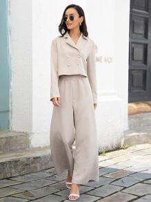 Double Breasted Crop Blazer & Wide Leg Trousers - Khaki - View 3
