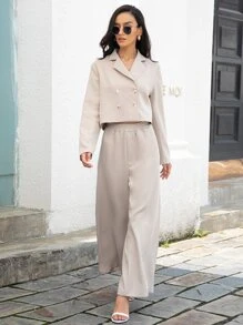Double Breasted Crop Blazer & Wide Leg Trousers - Khaki - View 5
