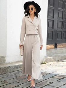 Double Breasted Crop Blazer & Wide Leg Trousers - Khaki - View 6