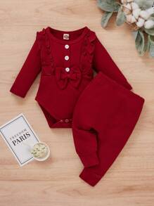 SHEIN Body con fruncido con lazo delantero con pantalones - Burdeos - Ver 1