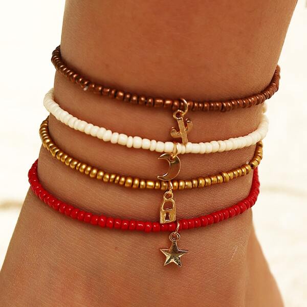 

4pcs Girls Key & Moon Charm Beaded Anklet, Multicolor