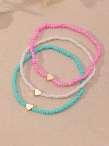 3入組波西米亞海灘風格愛心和米珠設計彈性腳鏈,適合兒童 - 彩色 - 查看 2