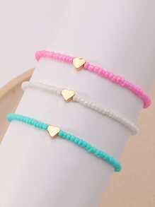 3入組波西米亞海灘風格愛心和米珠設計彈性腳鏈,適合兒童 - 彩色 - 查看 3