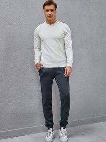 Manfinity Men Solid Round Neck Jumper & Knit Trousers - Beige - View 1
