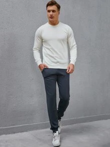 Manfinity Men Solid Round Neck Jumper & Knit Trousers - Beige - View 3
