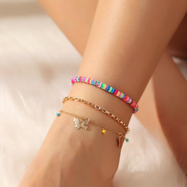 

3pcs Girls Butterfly Charm Anklet, Multicolor