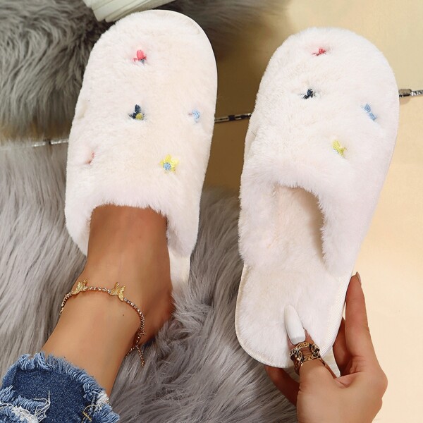 

Floral Embroidery Home Slippers, Beige