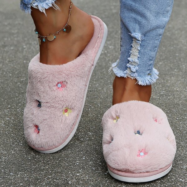 

Floral Embroidery Home Slippers, Pink