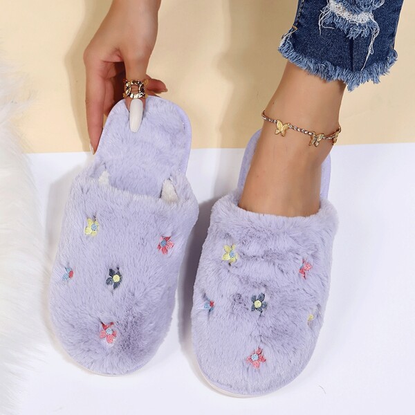 

Floral Embroidery Home Slippers, Purple
