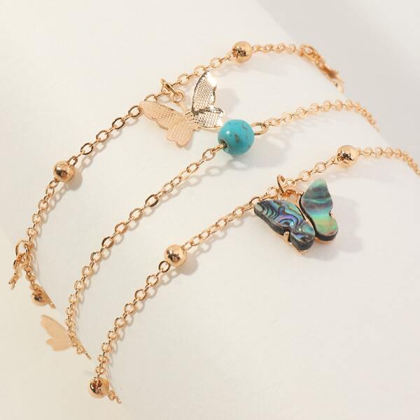

3pcs Girls Butterfly Charm Anklet, Gold