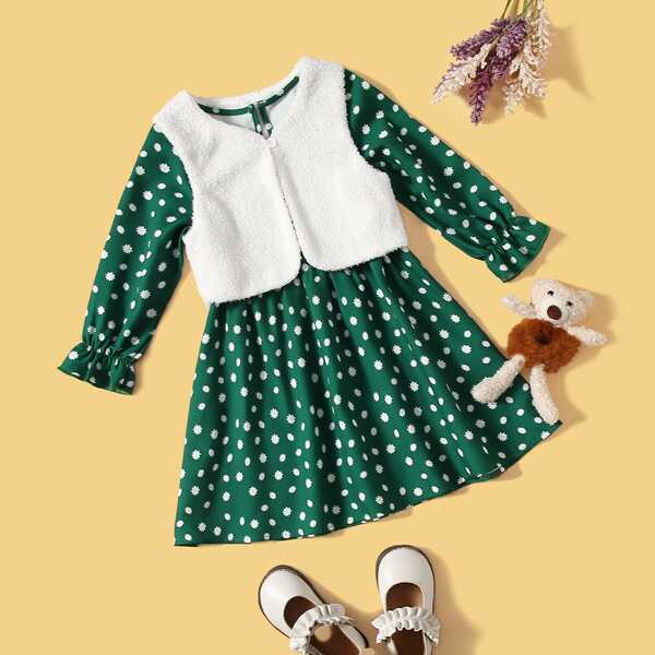 

Toddler Girls Ditsy Floral Flounce Sleeve Dress & Fleece Jacket, Multicolor