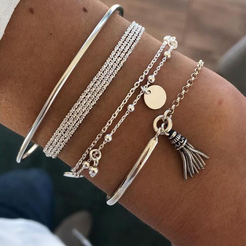 

4pcs Tassel Decor Chain Bracelet, Silver