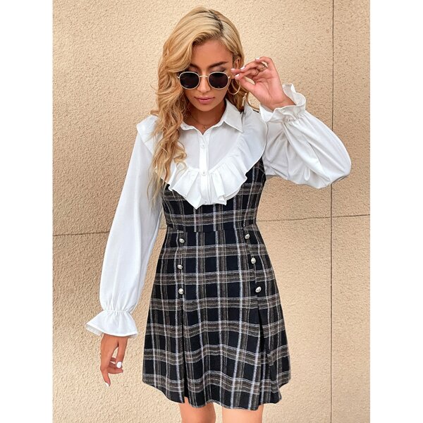 

Ruffle Trim Blouse & Plaid Overall Dress, Black and white