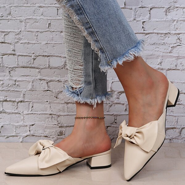 

Minimalist Bow Decor Chunky Mules, Beige