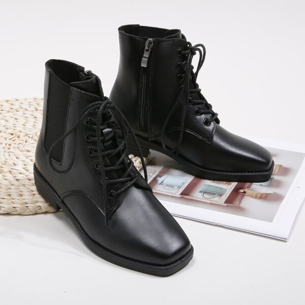 

Girls Lace Up Design Side Zipper Combat Boots, Black