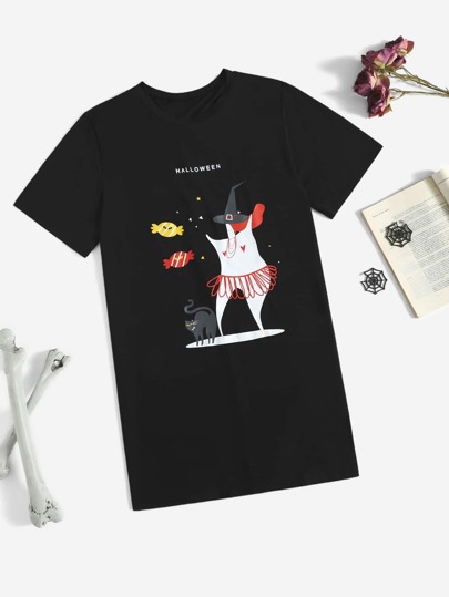 Plus Halloween Cat And Letter Graphic Nightdress
