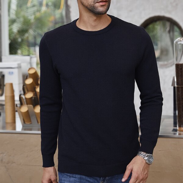 

Men Solid Round Neck Sweater, Navy blue