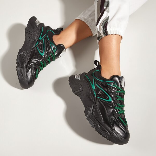 

Two Tone Lace Up Front Chunky Sneakers, Black