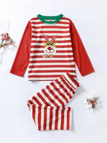 Niñas 1 pieza Navidad & con estampado de rayas Top para dormir & 1 pieza Pantalones de dormir - Rojo y blanco - Ver 1