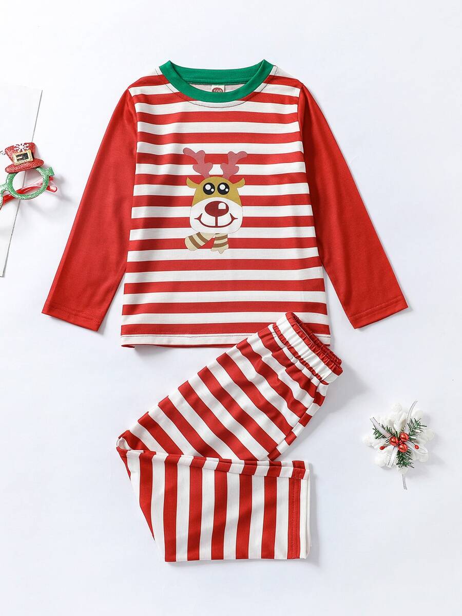 Niñas 1 pieza Navidad & con estampado de rayas Top para dormir & 1 pieza Pantalones de dormir - Rojo y blanco - Ver 1