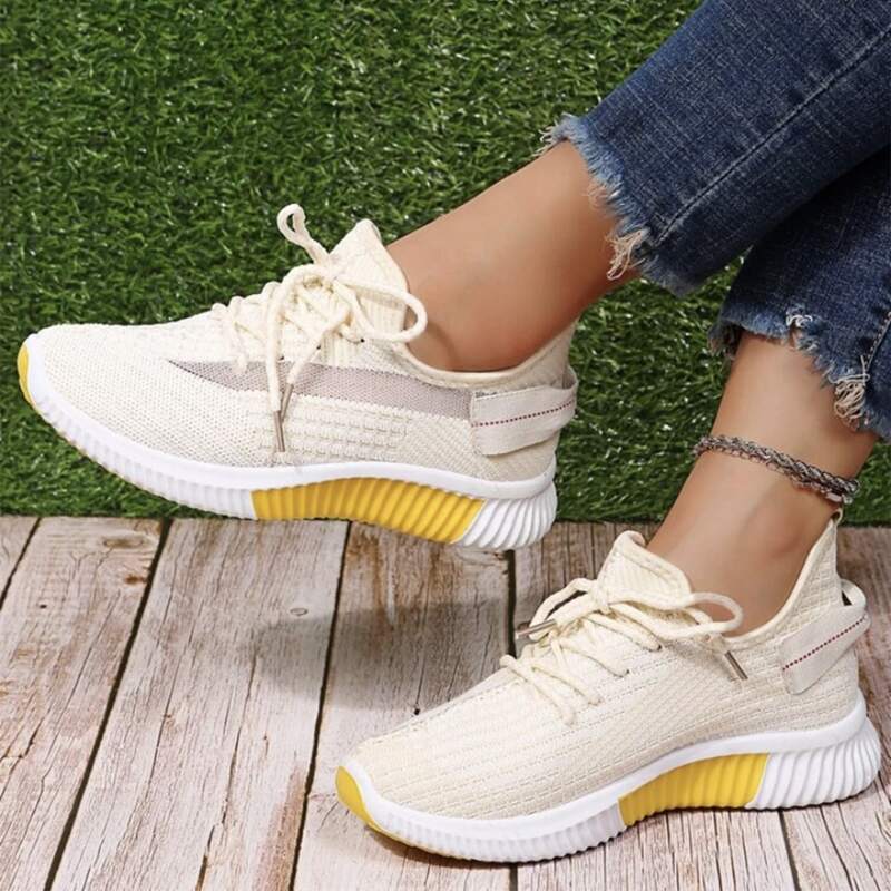 

Lace Up Decor Knit Sneakers, Beige
