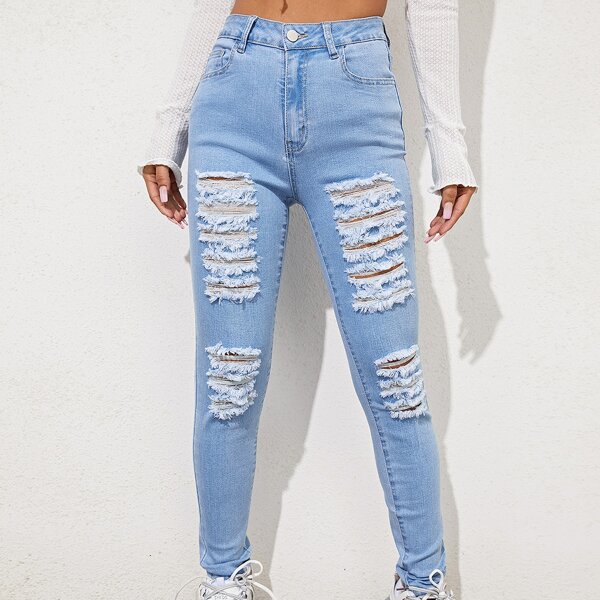 

Zipper Fly Ripped Skinny Jeans, Light wash