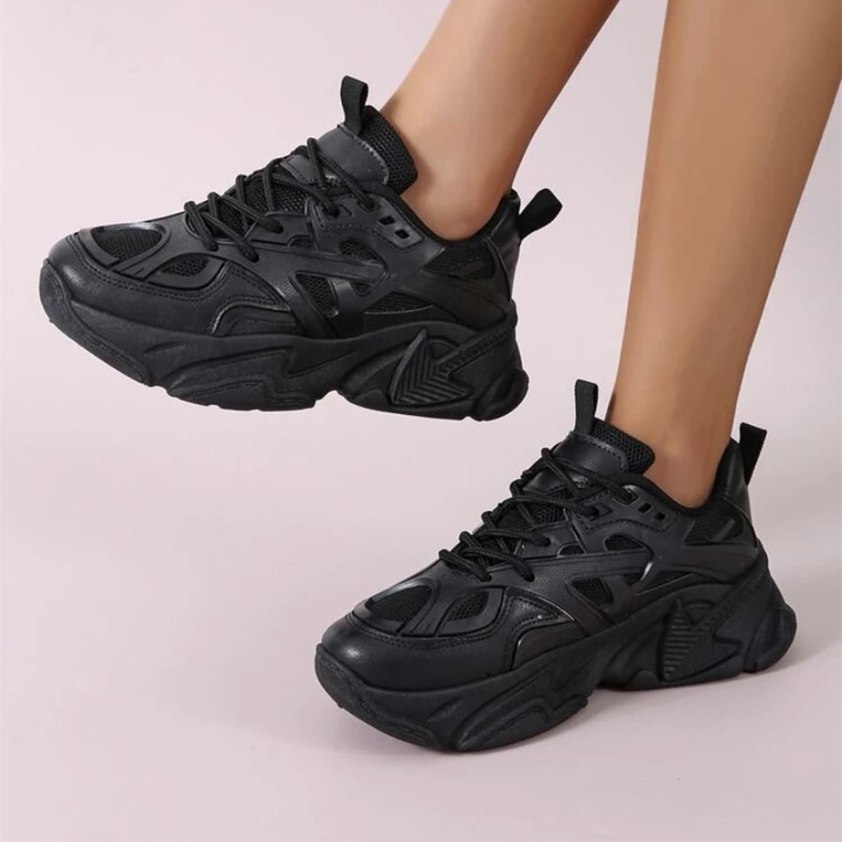 

Minimalist Lace-up Front Mesh Panel Sneakers, Black