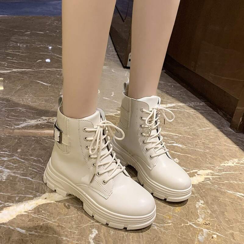 

Buckle Decor Lace-up Front Combat Boots, Beige