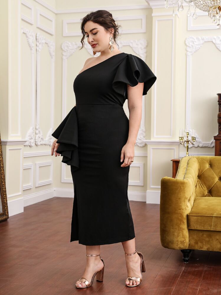 SHEIN Belle Đầm Plus Size Tách cao Ruffle phóng đại màu trơn Thanh lịch - màu đen - Xem 4
