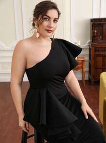 SHEIN Belle Đầm Plus Size Tách cao Ruffle phóng đại màu trơn Thanh lịch - màu đen - Xem 5