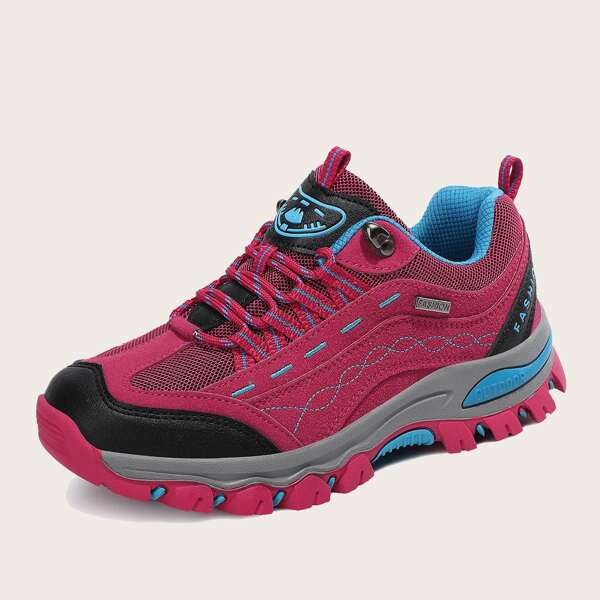 

Colorblock Lace-up Front Hiking Shoes, Hot pink