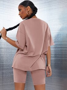 SHEIN SXY Conjunto top de hombros caídos con shorts biker - Rosa vieja - Ver 2