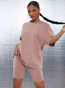 SHEIN SXY Conjunto top de hombros caídos con shorts biker - Rosa vieja - Ver 3