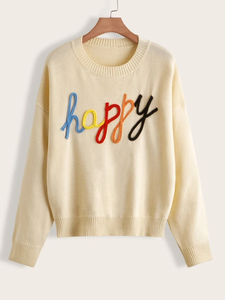 Plus Letter Pattern Drop Shoulder Sweater Knit Pullover Fall Winter Autumn