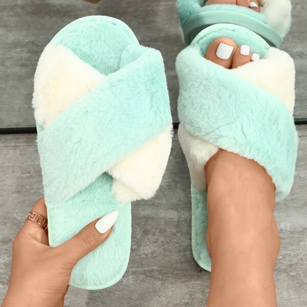 

Two Tone Cross Strap Fluffy Slippers, Green