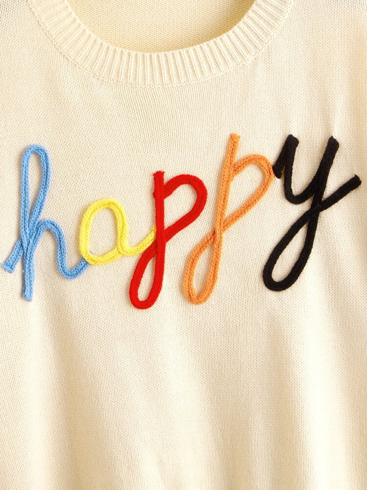 Plus Letter Pattern Drop Shoulder Sweater Knit Pullover Fall Winter Autumn