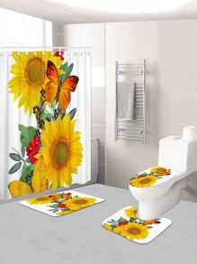 1pc Thảm tắm in hoa hướng dương hoặc rèm tắm - Màu vàng - Xem 1