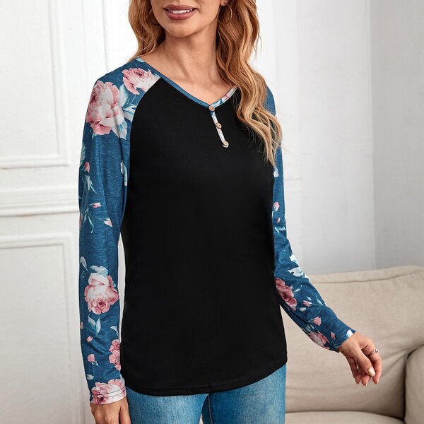 

Floral Print Button Detail Raglan Sleeve Tee, Multicolor