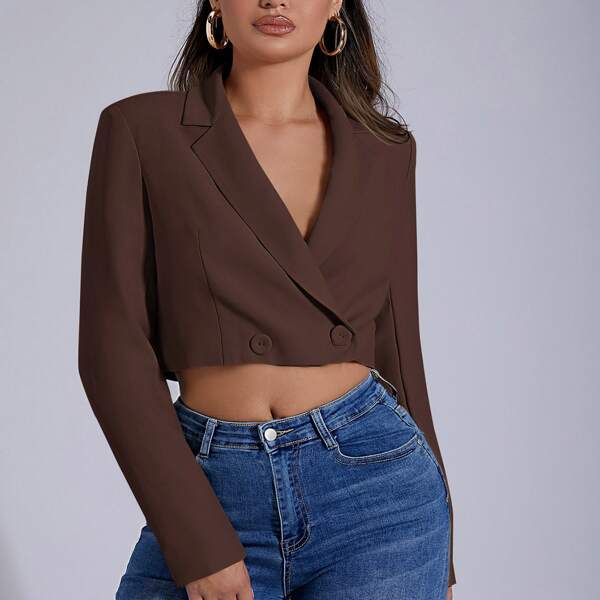 

Solid Lapel Neck Crop Blazer, Chocolate brown