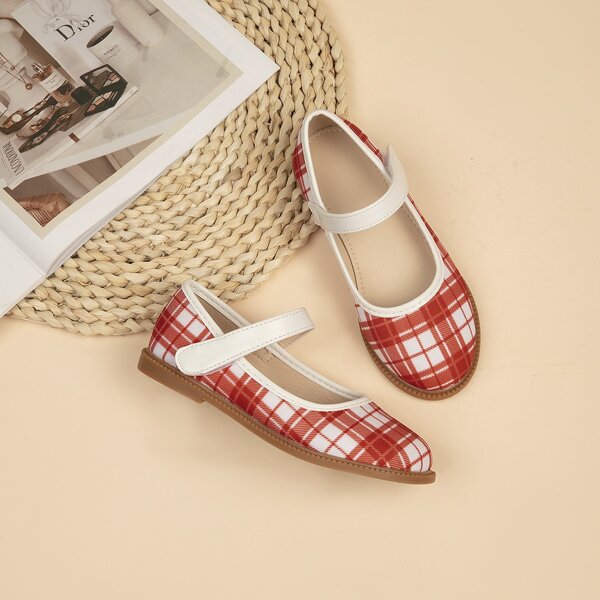 

Girls Tartan Velcro Strap Flats, Red and white